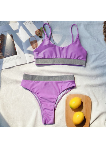 Фіолетовий літній купальник роздільний з блискучими вставками бузковий топ No Brand
