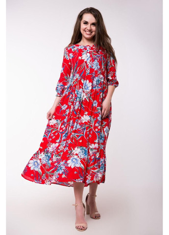 Красное повседневный платье d65s-6 клеш Bon Voyage с цветочным принтом
