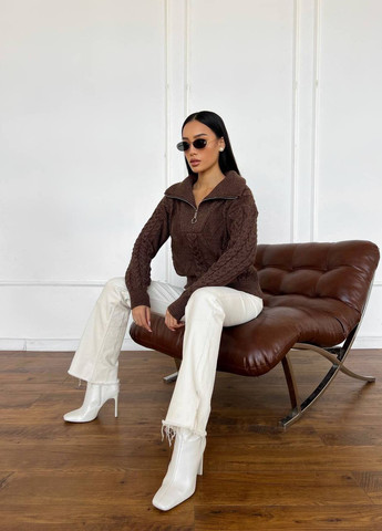 Коричневый женский свитер с v-образным воротником и молнией цвет коричневый р.42/46 445975 New Trend