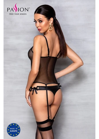 Чорний корсет зі шнурівкою nessy corset, стрінги з відкритим доступом, пажі для панч Passion