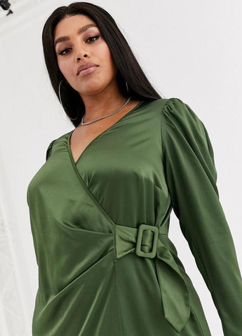 Оливковое (хаки) атласное платье макси с запахом и ремнем curve Asos