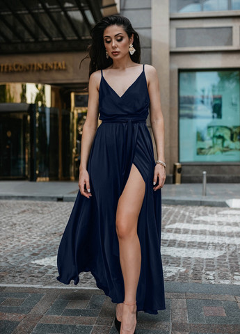 Темно-синее вечернее нежное вечернее платье из шелка "армані" Jadone Fashion однотонное