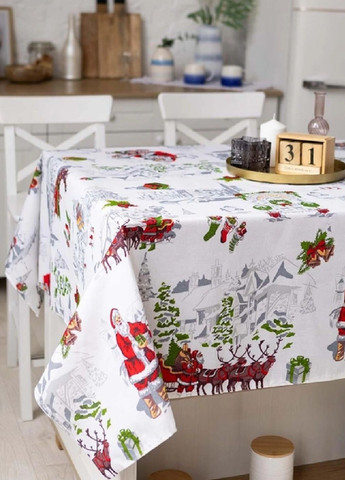 Новогодняя праздничная льняная хлопковая скатерть накидка на обеденный стол с узором 150х180 см (475708-Prob) Санта Unbranded (270090523)