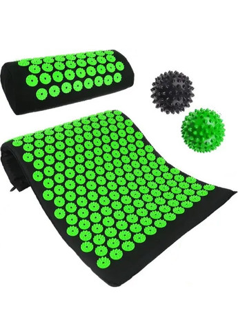 Набір килимок масажний для акупресури з подушкою масажними кульками для точкового масажу (476257-Prob) Чорний із зеленим Unbranded (277978169)