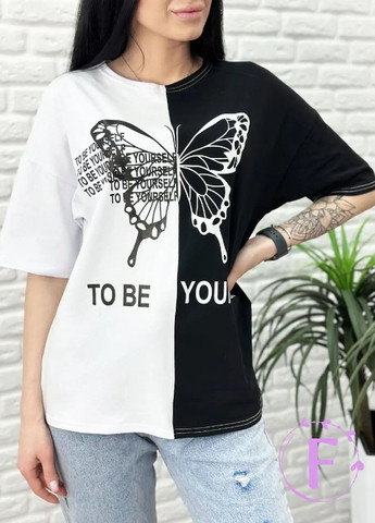 Чорно-біла літня двокольорова футболка з коротким рукавом Fashion Girl Butterfly