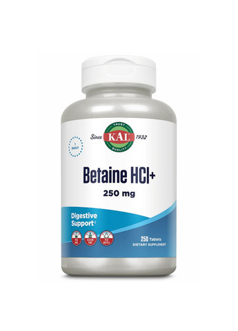 Бетаин Гидрохлорид с Пепсином Betaine HCl Plus 250мг – 250 таб KAL (270016104)