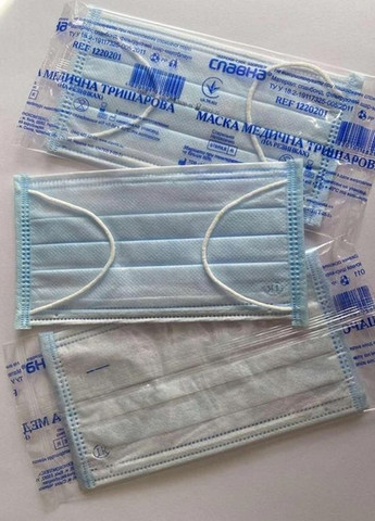 Маска медична стерильна тришарова на гумках з носовим затиском в індивідуальній упаковці 50 штук Блакитний Славна (266905452)