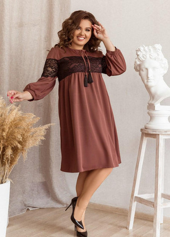 Бежевое женское платье свободного кроя с декоративными шнурками цвета капучино р.42/44 374639 New Trend