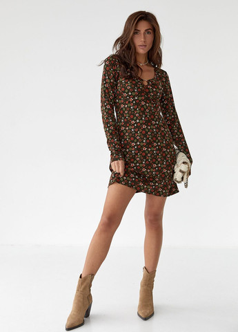 Оливковое (хаки) откровенный короткое платье с цветочным принтом - хаки No Brand