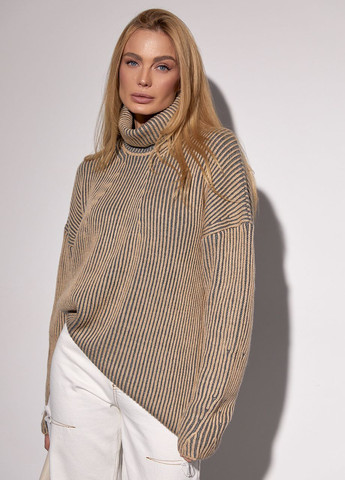 Кофейный зимний женский вязаный свитер оверсайз с узором в рубчик - кофейный Lurex