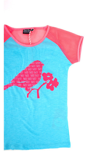 Голубая летняя футболка на девочку голубая tom-du с принтом птицы TOM DU