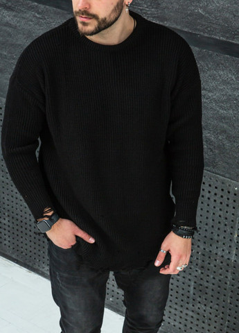 Черный демисезонный трендовый свитер рваный край Vakko