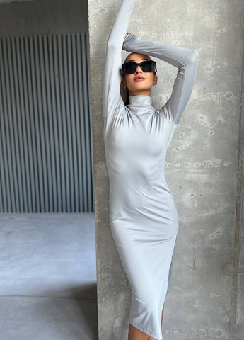 Светло-серое праздничный, повседневный, кэжуал стильное базовое платье меди с разрезом платье-водолазка Vakko однотонное