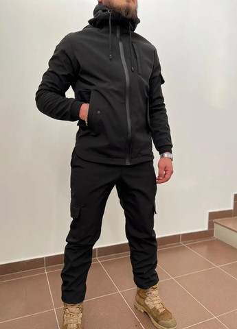 Тактический водоотталкивающий костюм из материала Softshell (куртка+штаны) Черный JILL ANTONY (261326474)