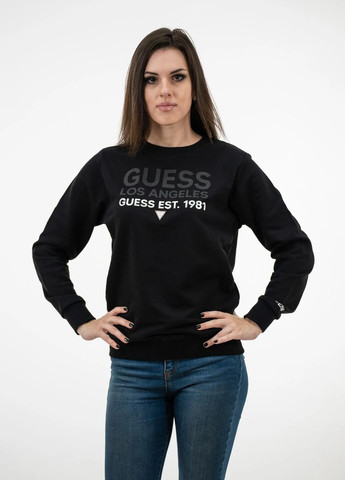 Свитшот женский Guess - Прямой крой логотип черный кэжуал хлопок органический - (265215352)