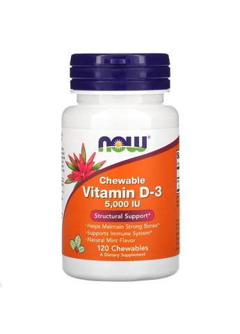 Жевательный Витамин Д3 с мятным вкусом D-3 5000 IU Chewable Mint - 120 жевательный конфет Now Foods (269461800)