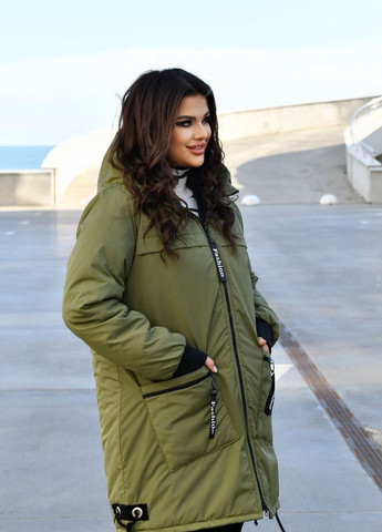 Оливковая (хаки) женская куртка-пальто из плащевки цвет хаки р.48/50 445908 New Trend