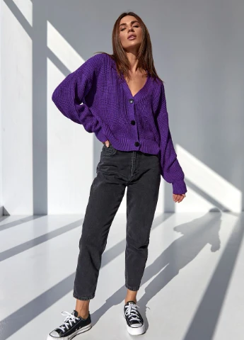 Укорочений в'язаний кардиган на ґудзиках - фіолетовий Lurex (262810571)
