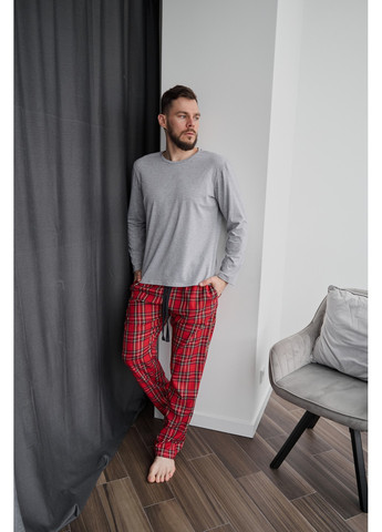 Пижама мужская лонгслив + штаны в клетку красные Handy Wear (266903850)