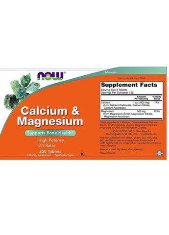Calcium & Magnesium, 500/250 mg 250 Tabs Now Foods (256725236)