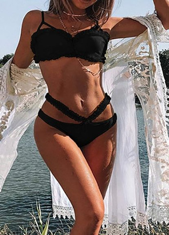 Чорний літній купальник з рюшами плавки з декоративною гумкою жіночий стильний красивий роздільний No Brand 6410