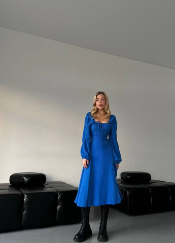Светло-синее шикарное платье из муслина (100% хлопок)со шнуровкой на спине, стильное синее платье с открытым декольте и разрезом на ноге No Brand