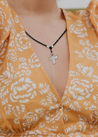 Серебряный кулон Вышиванка символ Украины с подвеской «Крестик» черный на нити родированный Family Tree Jewelry Line (266903761)