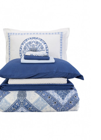 Набор постельное белье с покрывалом + плед - Levni mavi 2020-1 синий евро Karaca Home (258186384)
