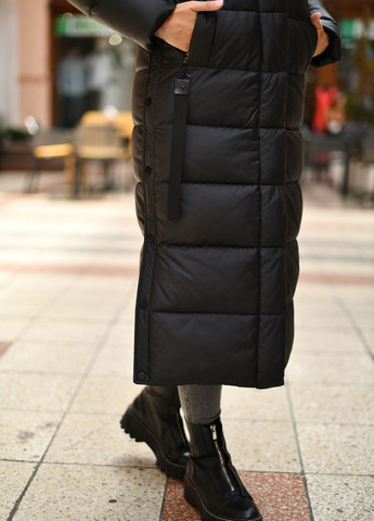 Черное зимнее Женское длинное прямое пальто черное с кэмел 80642 Fodarlloy