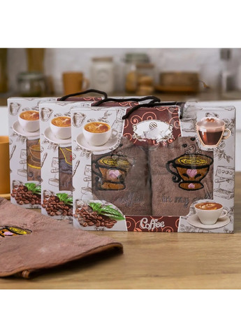 Unbranded подарунковий набір комплект кухонних прямокутних рушників 2 шт мікрофібра 35х75 см (475233-prob) кава малюнок коричневий виробництво -