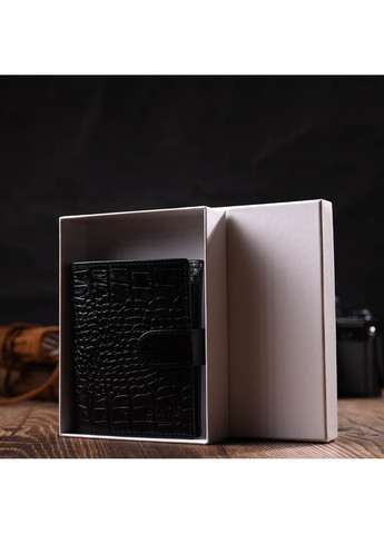 Чоловічий фактурний вертикальний гаманець із натуральної шкіри з тисненням під крокодила 22004 Чорний Bond (262158717)