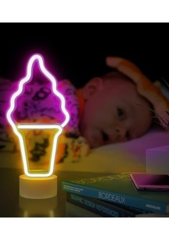 Неоновый ночник - светильник Мороженое - Рожок Neon Decoration Lamp (28x13x10 см, USB, 3хАА, 5 В, лампа) - Желто- розовый China (272155988)