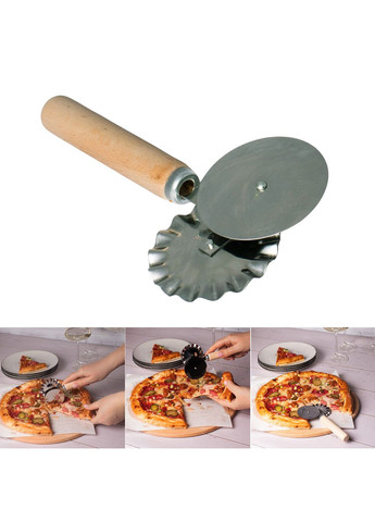 Багатофункціональний з'єднувальний ніж 2 в 1 для піци та тіста з роликом та дерев'яною ручкою 17.5 см Kitchette (275104159)