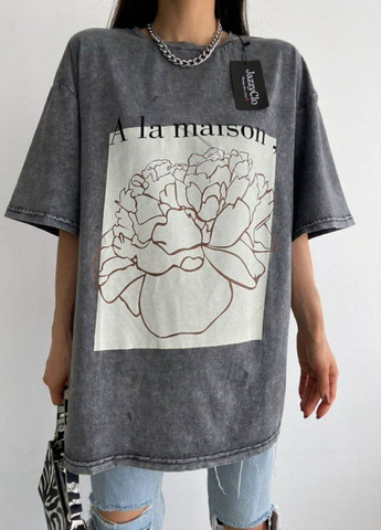 Серая футболка-туника варенка с цветами No Brand