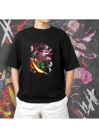 Черная футболка c принтом клинок рассекающий демонов - танджиро и незуко 2 No Brand