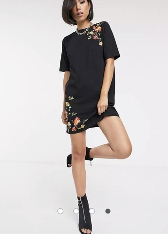 Черное платье-футболка мини с вышивкой design Asos с цветочным принтом