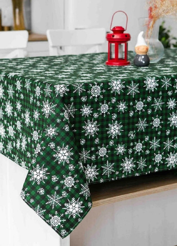 Новорічна святкова лляна скатертина на обідній стіл з візерунком бавовна поліестер 180х220 см (475733-Prob) Сніжинки зелена Unbranded (270827876)