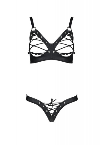 Комплект з екошкіри Celine Bikini 6XL/7XL black, відкритий бра, стрінги зі шнурівкою Passion (259790562)
