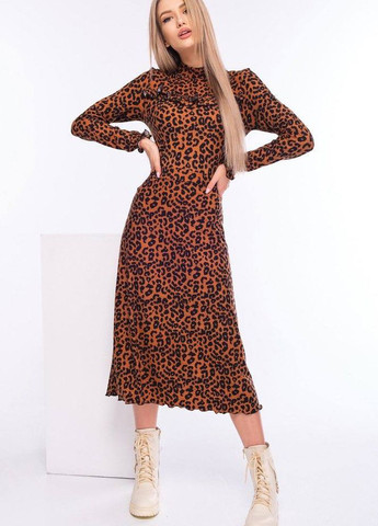 Коричневое вечернее платье женское коричневого цвета с леопардовым принтом а-силуэт Let's Shop леопардовый