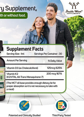 Вітамін D3+K2 Double Wood Vitamin D3 + K2 Liquid Drops 30 ml Double Wood Supplements (259752962)