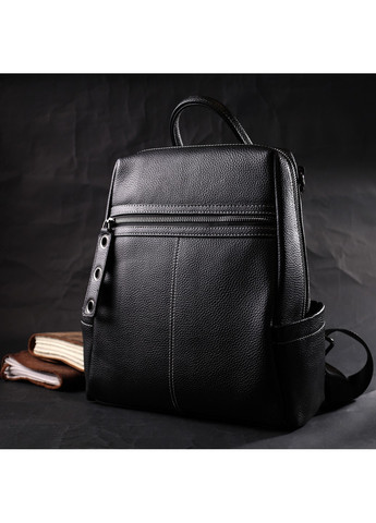 Вместительный женский рюкзак-сумка прошитый белой строчкой из натуральной кожи 22314 Черный Vintage (276461854)