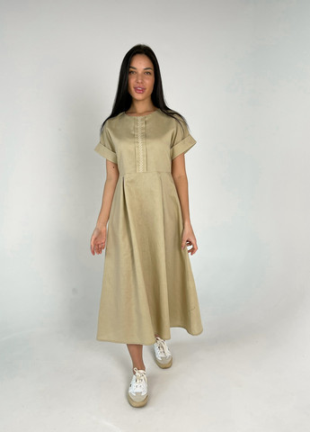 Бежева кежуал сукня міді з льону кльош, дзвін BeART однотонна