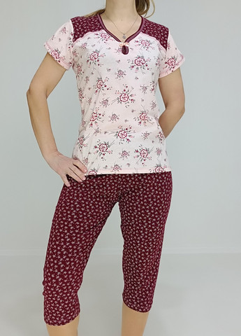 Бордова всесезон піжама жіноча бордова дрібний малюнок (футболка + бріджі) 50 (93104322-1) No Brand