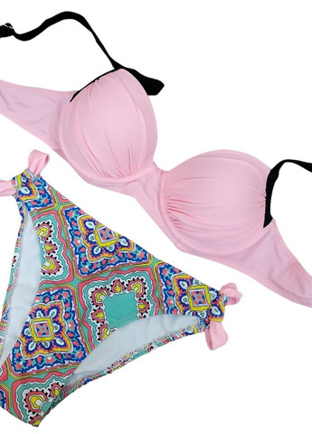 Розовый летний купальник однотоный верх лиф плавки с орнаментом женский раздельный стильный красивый верх и низ разных цветов раздельный No Brand 6284