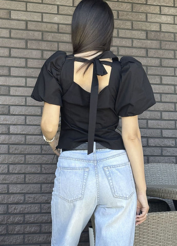 Черная летняя блуза женская черного цвета с коротким рукавом на запах Let's Shop