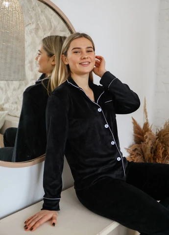 Чорна всесезон ідеальна плюшева піжама ґудзик shuna сорочка + брюки Comfort