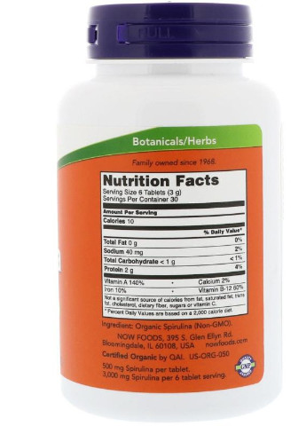 Spirulina Certified Organic 500 mg 200 Tabs Now Foods (256724026)