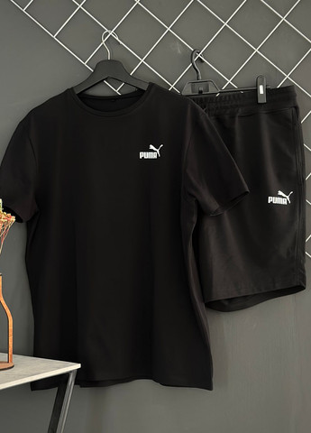 Черный летний шорти puma білий лого + футболка puma чорна Vakko