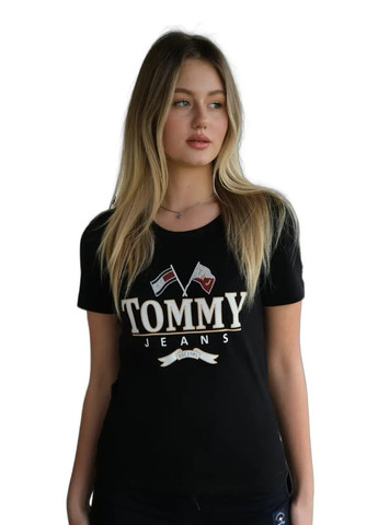 Черная летняя футболка женская th Tommy Hilfiger Crossed Flags TH