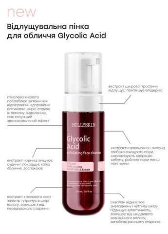Набір для проблемної шкіри пінка для вмивання + кислотна пілінг-сироватка для обличчя Glycolic Acid Exfoliating (150 мл + 30 мл) Hollyskin (263349943)